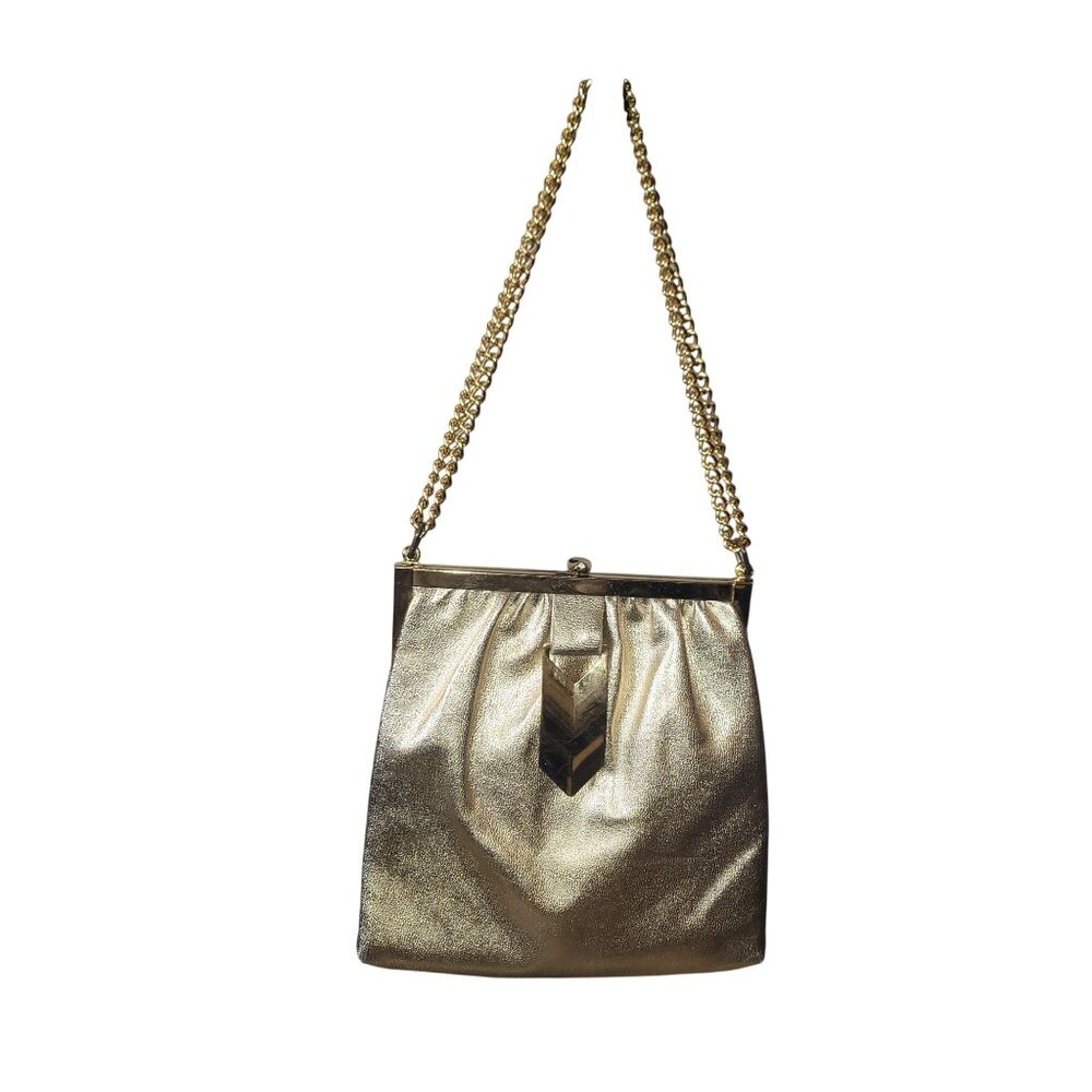 Vintage Gold Evening Bag With Chain Strap & Triangular Front Plate Satin Lined C - Picture 2 of 16